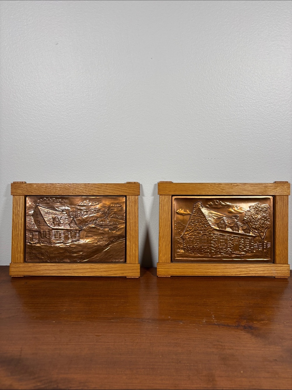 Vintage Copper Relief Cabin Wall Art Pair in Wood Frames Home Decor Cottage